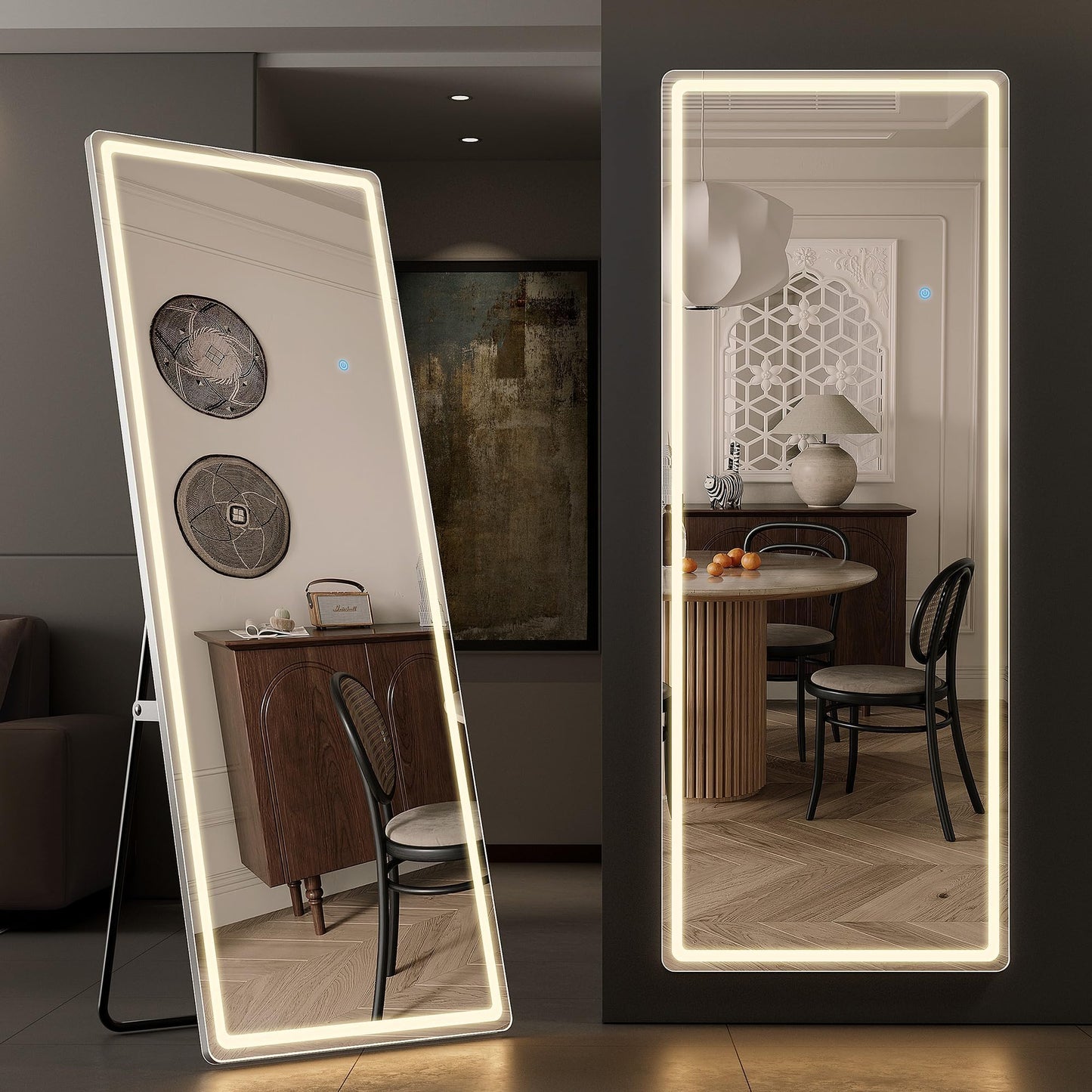 Full Length Mirror with LED Lights, Floor Mirror with Dimming & 3 Color Lighting, Free Standing Floor Mirrors