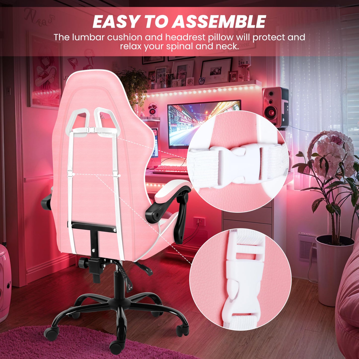 Gaming Chair with Footrest, Height Adjustable & 90°-135° Tilt Function, Swivel Recliner Ergonomic Racing Style Video Game Chair with Lumbar Support (1-Pink/White with Footrest)
