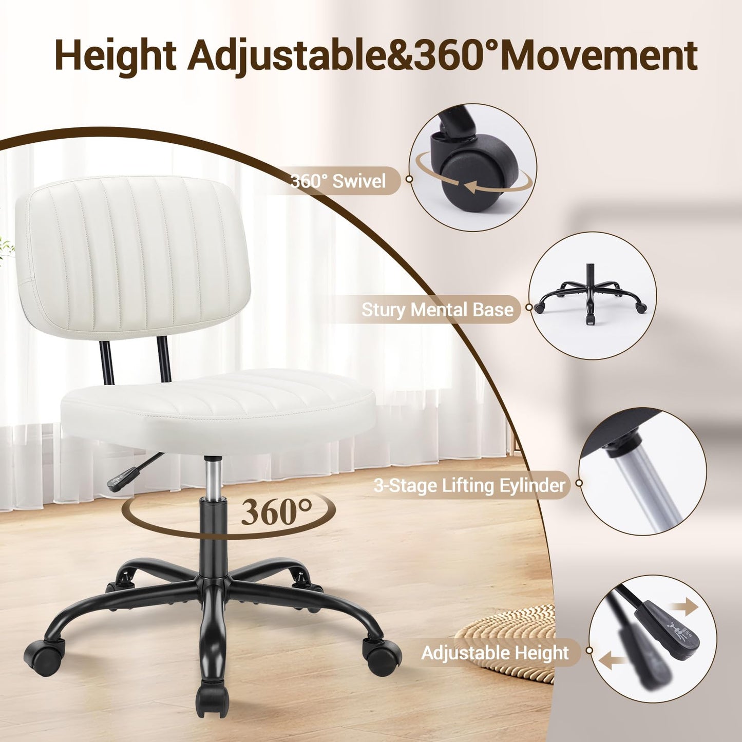 YSSOA Home Office Chair Desk Chair with Low Back and Wheels PU Leather Computer Chair Ergonomic Adjustable Height Comfy Chair Armless with Swivel Rolling Vanity Chairs for Bedroom Adult White