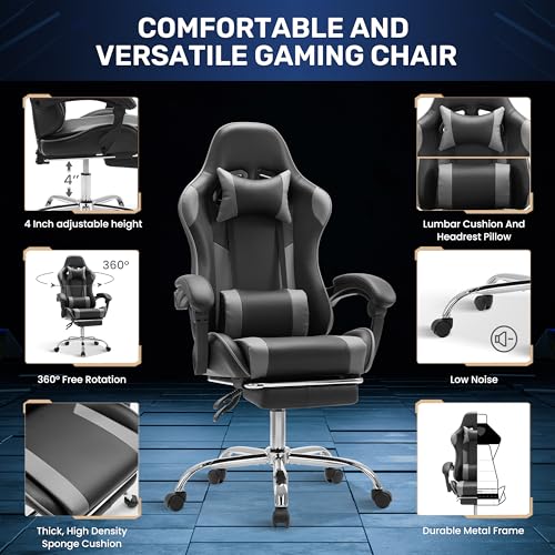 Simple Deluxe Video Gaming Chair with Footrest and Lumbar Support, Ergonomic PU Leather Computer Chair, 360° Swivel - Height Adjustable Game Chair for Office/Gaming(Black/Grey)