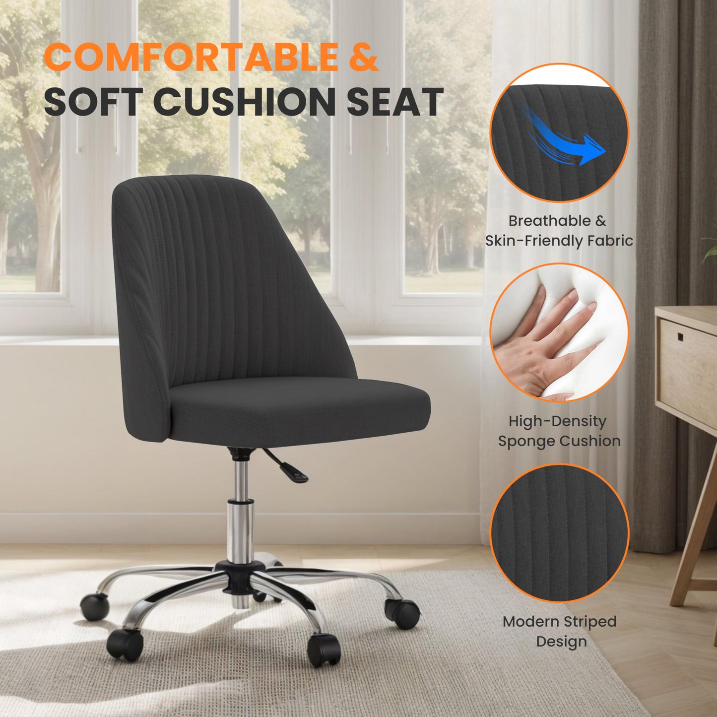Simple Deluxe Armless Office Desk Chair, Modern Cute Swivel Vanity Chair Comfy Home Office Chairs with Wheels Height Adjustable Rolling Computer Task Stools for Living Room, Make-up, Bedroom