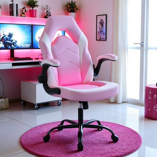 YSSOA Computer Gaming Chair PU Leather Ergonomic Lumbar Support with Flip-up Armrest and 360° Swivel Wheels, Height Adjustable Task Home Office Desk Video Racing