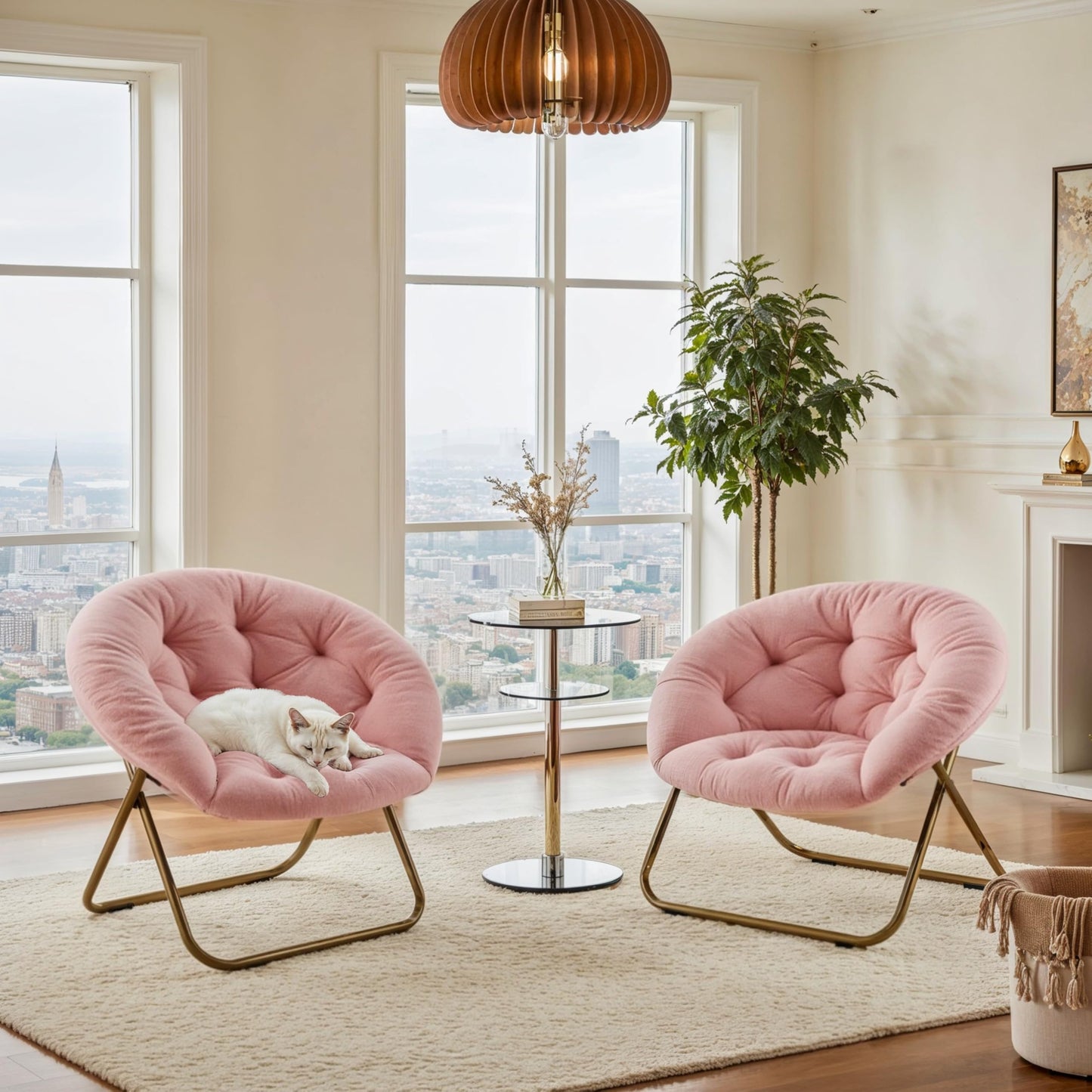 YSSOA Saucer Chair, Comfy Faux Fur Chair for Bedroom, Saucer Chairs for Adults, Teens, Round Shaped Moon Chair with Foldable Metal Frame