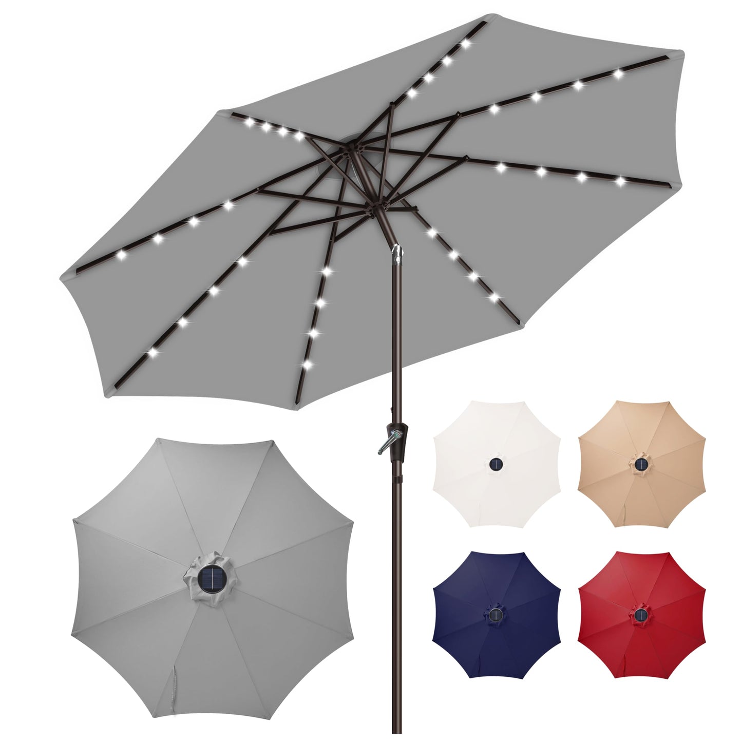 Simple Deluxe 9' Solar Patio Umbrella 32 LED Lighted Table Market Umbrellas with Push Button Tilt/Crank Outdoor Umbrella for Garden, Deck, Backyard and Pool