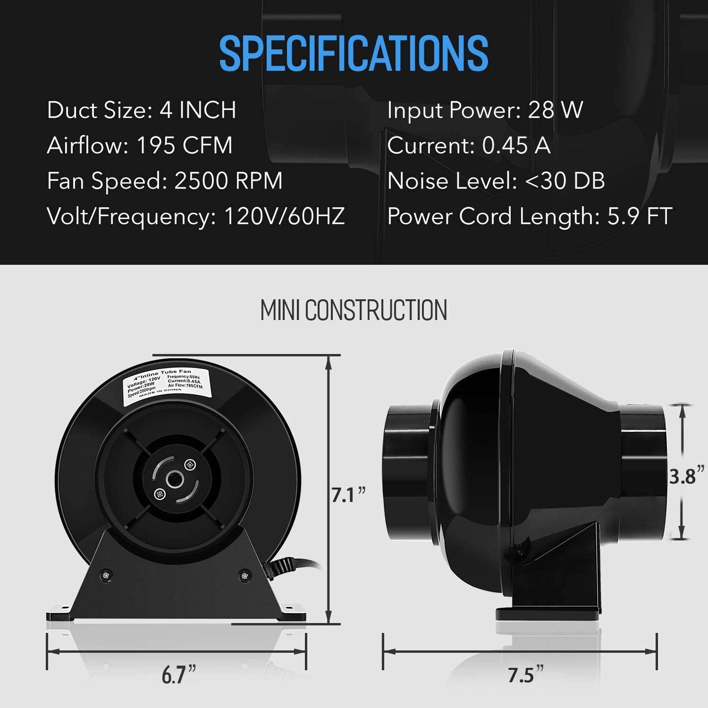 YSSOA 4 Inch Inline Ventilation Fan and Flexible Ducting Dryer Vent Hose for Heating, Cooling, Hydroponics, Grow Tent