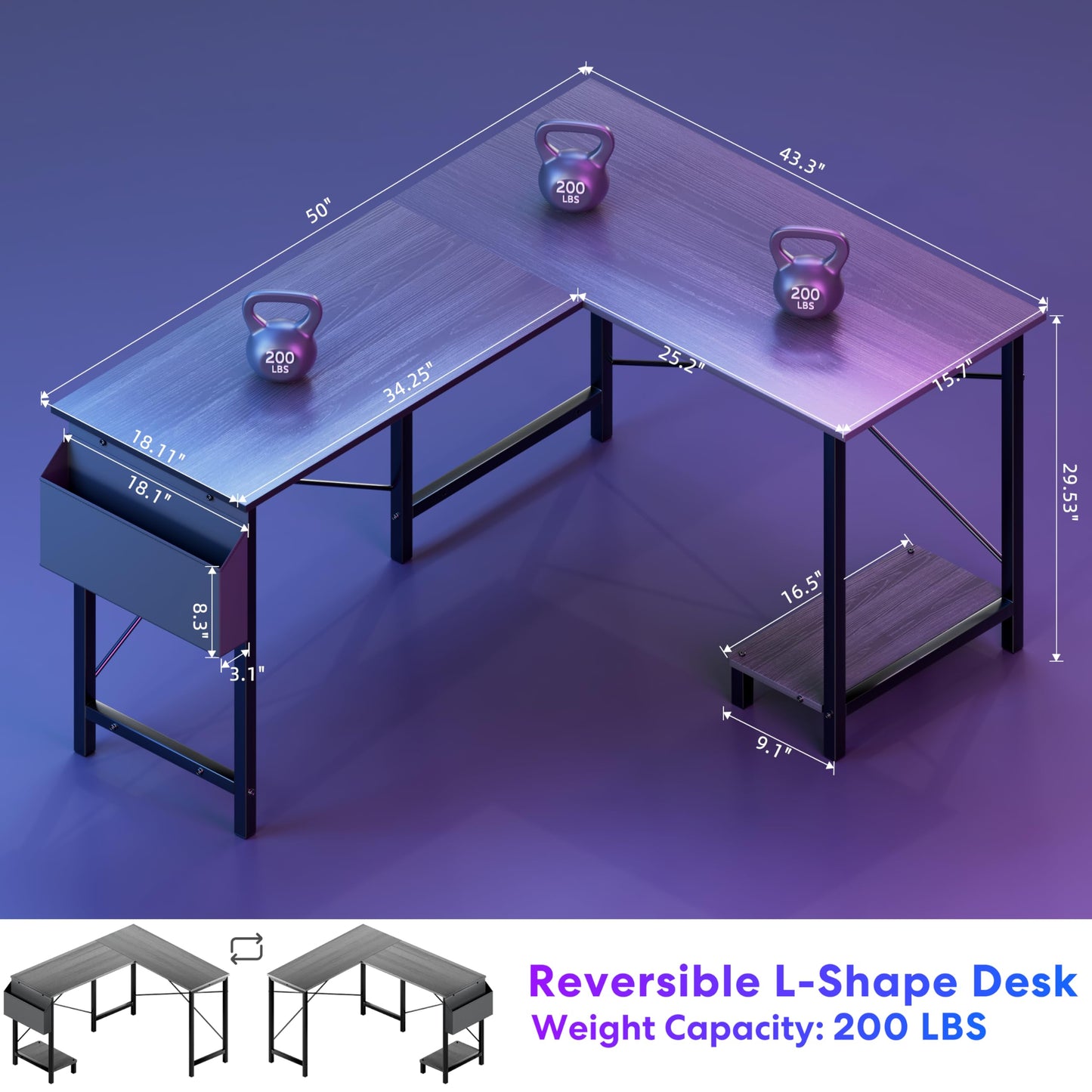 Miibox 50" L Shaped Gaming Desk with Reversible Corner - Home Office Computer Desk with Wood Top, Metal Frame, CPU Stand & Storage Bag for Small Space, Gaming Room