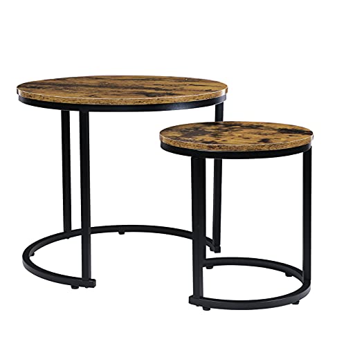 YSSOA Nesting Set of 2 for Living Room Balcony Office, Round Wood Accent Side Coffee Tables with Sturdy Metal Frame, Easy Assembly, Rustic Brown