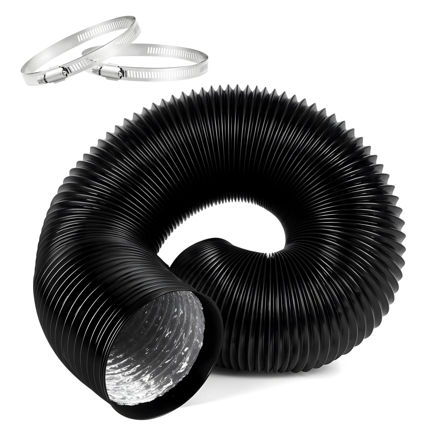 iPower Flexible 6 Inch 8 Feet Aluminum Ducting 4 Layer Protection Dryer Vent Hose for HVAC Heating Cooling Exhaust and Ventilation, 2 Clamps Included, Black