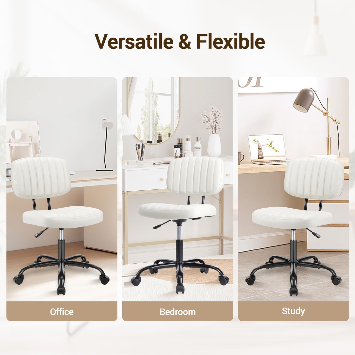 YSSOA Home Office Chair Desk Chair with Low Back and Wheels PU Leather Computer Chair Ergonomic Adjustable Height Comfy Chair Armless with Swivel Rolling Vanity Chairs for Bedroom Adult White