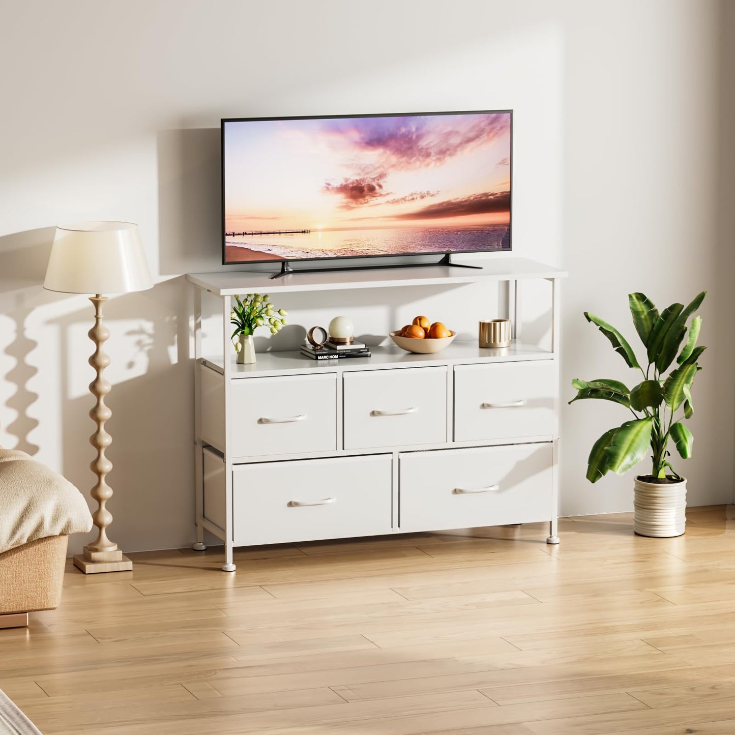 Simple Deluxe TV Stand Dresser for Bedroom Entertainment Center with 5 Fabric Drawers, Storage Organizers Units for Living Room, Media Console Table with Open Shelf up for 45" TV, Wood top