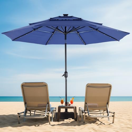 Simple Deluxe 10' 3-Tiers Solar Patio Umbrella 32 LED Lighted Table Market Umbrellas with Push Button Tilt/Crank Outdoor Umbrella for Garden, Deck, Backyard and Pool