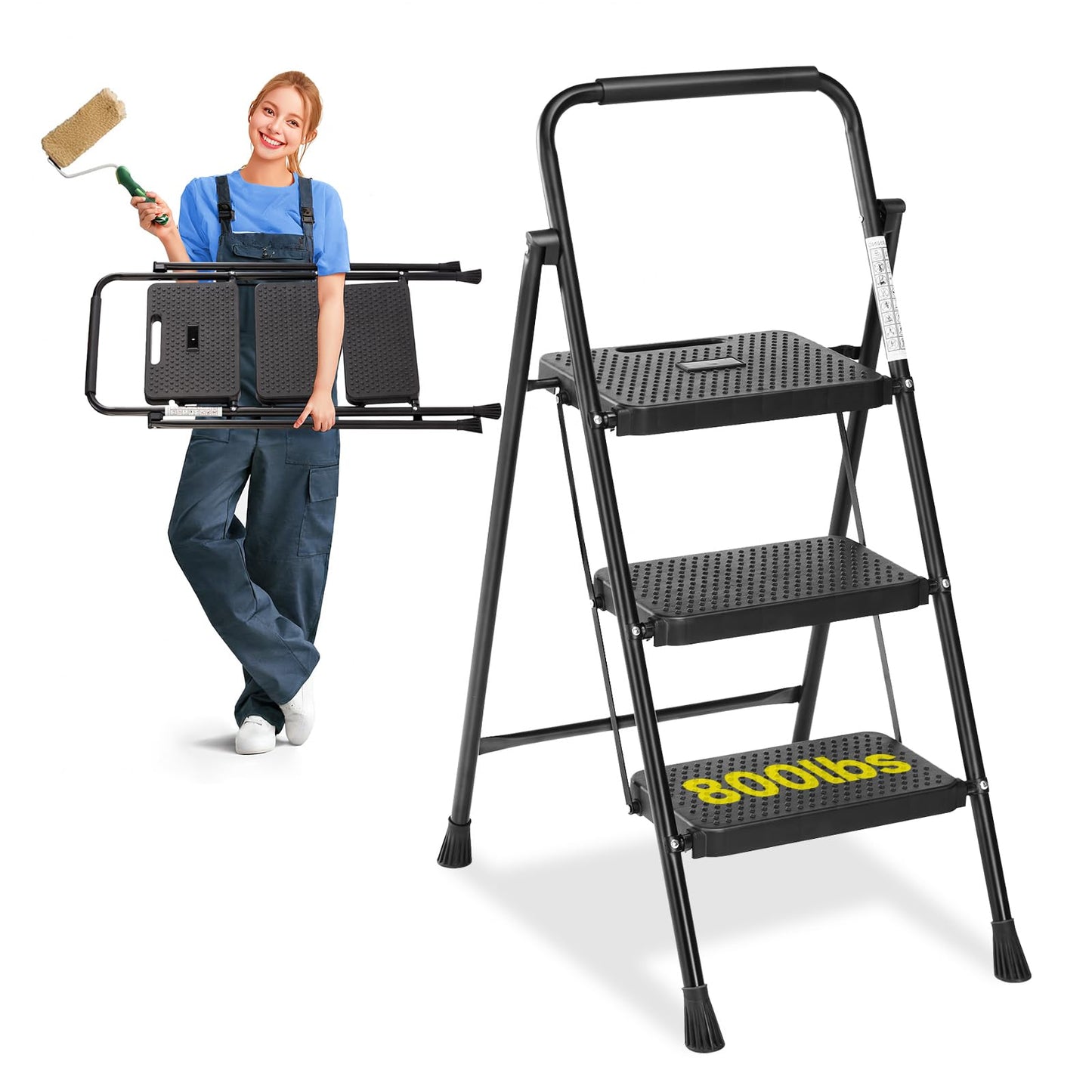 Simple Deluxe 3 Step Ladder, Step Stool Foldable, 800lbs Portable Ladder with Wide Pedal, Lightweight Step Ladder for Home Kitchen and Outdoor
