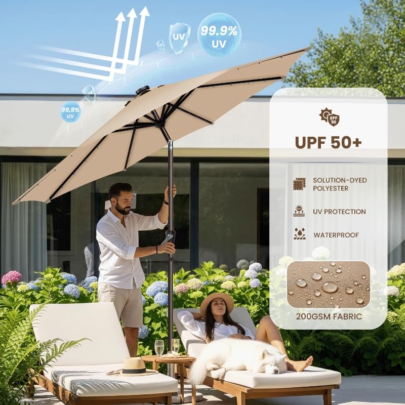 Simple Deluxe 9' Solar Patio Umbrella 32 LED Lighted Table Market Umbrellas with Push Button Tilt/Crank Outdoor Umbrella for Garden, Deck, Backyard and Pool