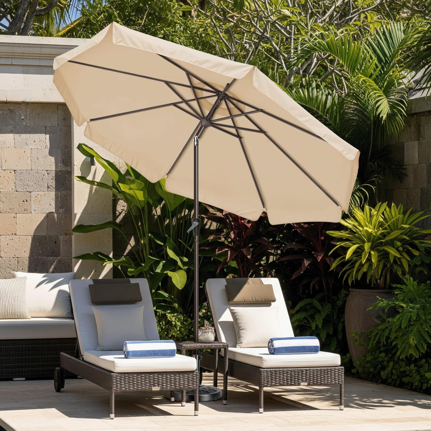 Simple Deluxe 9' Patio Umbrella with Wind-Floating Valances, Push Button Tilt & Crank Lift, UV Protection Sunshade for Table, Garden, Pool, Beach