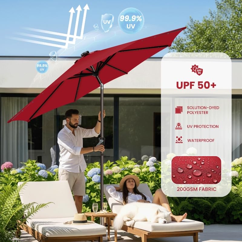 Simple Deluxe 9' Solar Patio Umbrella 32 LED Lighted Table Market Umbrellas with Push Button Tilt/Crank Outdoor Umbrella for Garden, Deck, Backyard and Pool
