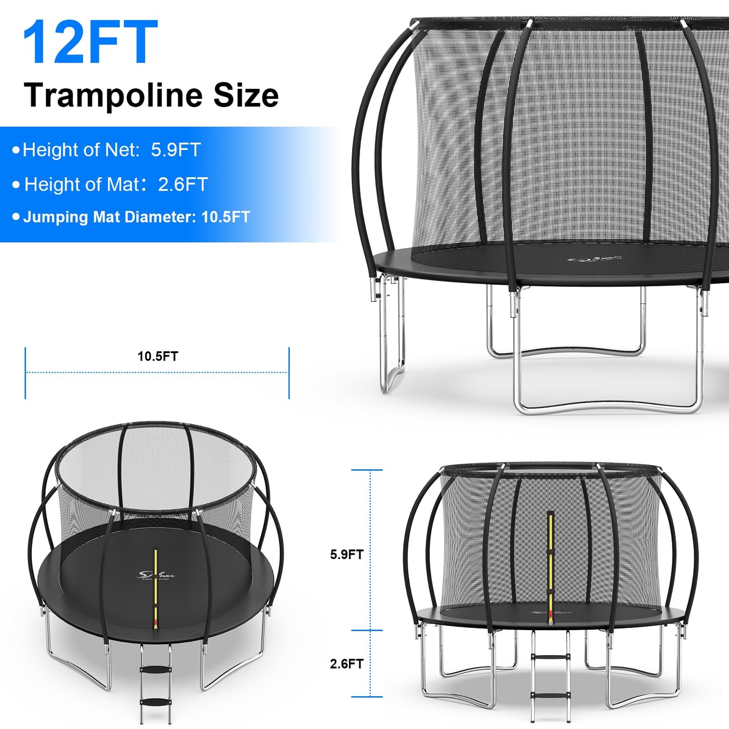 Simple Deluxe Trampoline for Kids with Safety Enclosure Net 12FT Wind Stakes Simple Deluxe 400LBS Weight Capacity Outdoor Backyards Trampolines with Non-Slip Ladder for Children Adults Family, Black