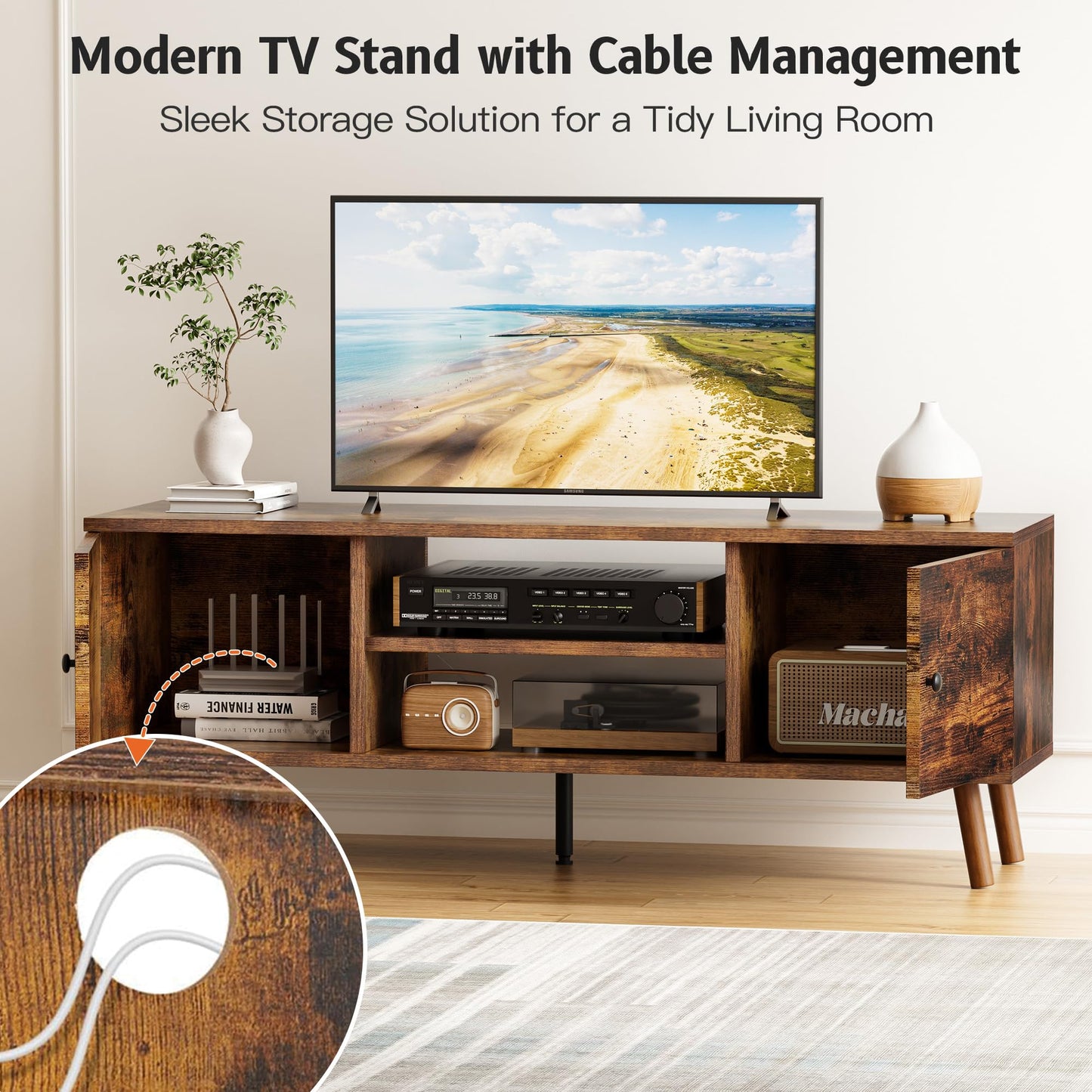 YSSOA TV Stand for 40 55 60 inch Living Room, 2 Cabinet Media Console Table, Entertainment Center with Storage, Soft Hinge Door with Handle, Wood Feet, Bedroom Furniture-Brown