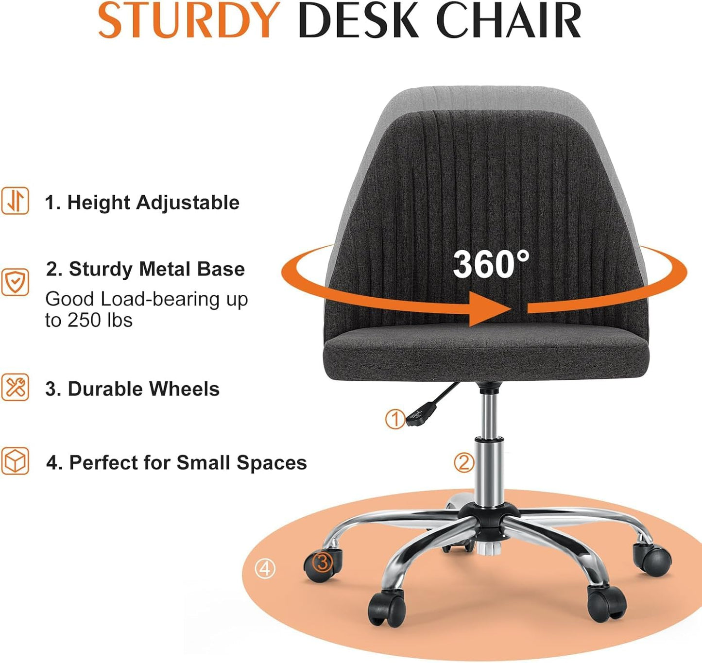 YSSOA Vanity Chair with Wheels Office Chair Desk Chair with Back and Wheels Fabric Adjustable Height Armless with Swivel Rolling Dark Grey