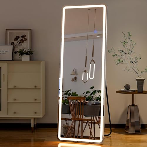 Simple Deluxe Floor Mirror with Dimming & 3 Color Lighting, Free Standing Floor Mirror, Lighted Full Body Mirror for Bedroom, Dressing Room, Cloakroom