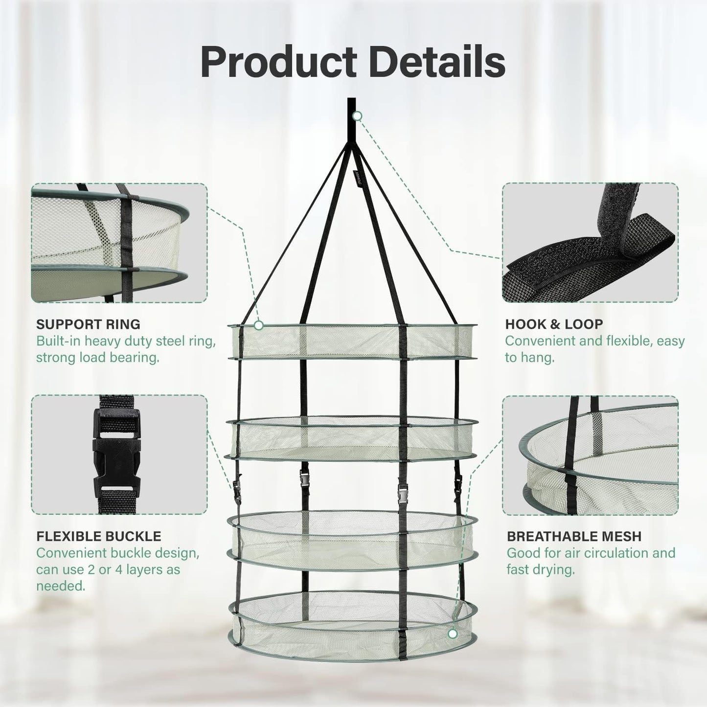 YSSOA 4 Layer 24'' Herb Drying Rack, Hanging Dry Mesh Folding Basket Dryer with Detachable Design & Hook for Plants, Herbs, Seeds and Buds in Grow Tent, Closet, Hydroponics, Garden Outdoor