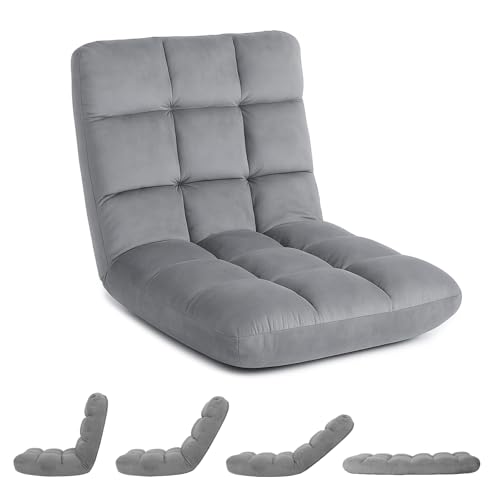 YSSOA Folding Floor Chair with Back Support Comfy Chair Recliner Memory Foam Padded Convertible Sleeper Sofa Chair for Bedroom Gaming Working Meditation Reading Adults Kids Grey