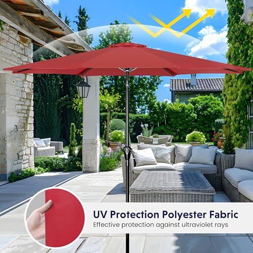 iPower 9ft Patio Umbrella Outdoor Table Umbrellas with 8 Sturdy Ribs, Push Button Tilt and Crank for Yard, Pool and Garden, Red-New