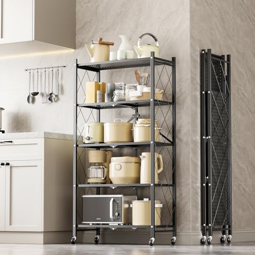 3-Tier Heavy Duty Foldable Metal Rack Storage Shelving Unit with Wheels Moving Easily Organizer Shelves Great for Garage Kitchen Holds up to 750 lbs Capacity, Black