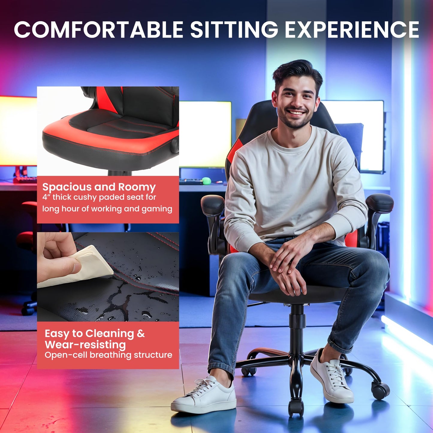 YSSOA Computer Gaming Chair PU Leather Ergonomic Lumbar Support with Flip-up Armrest and 360° Swivel Wheels, Height Adjustable Task Home Office Desk Video Racing, Red