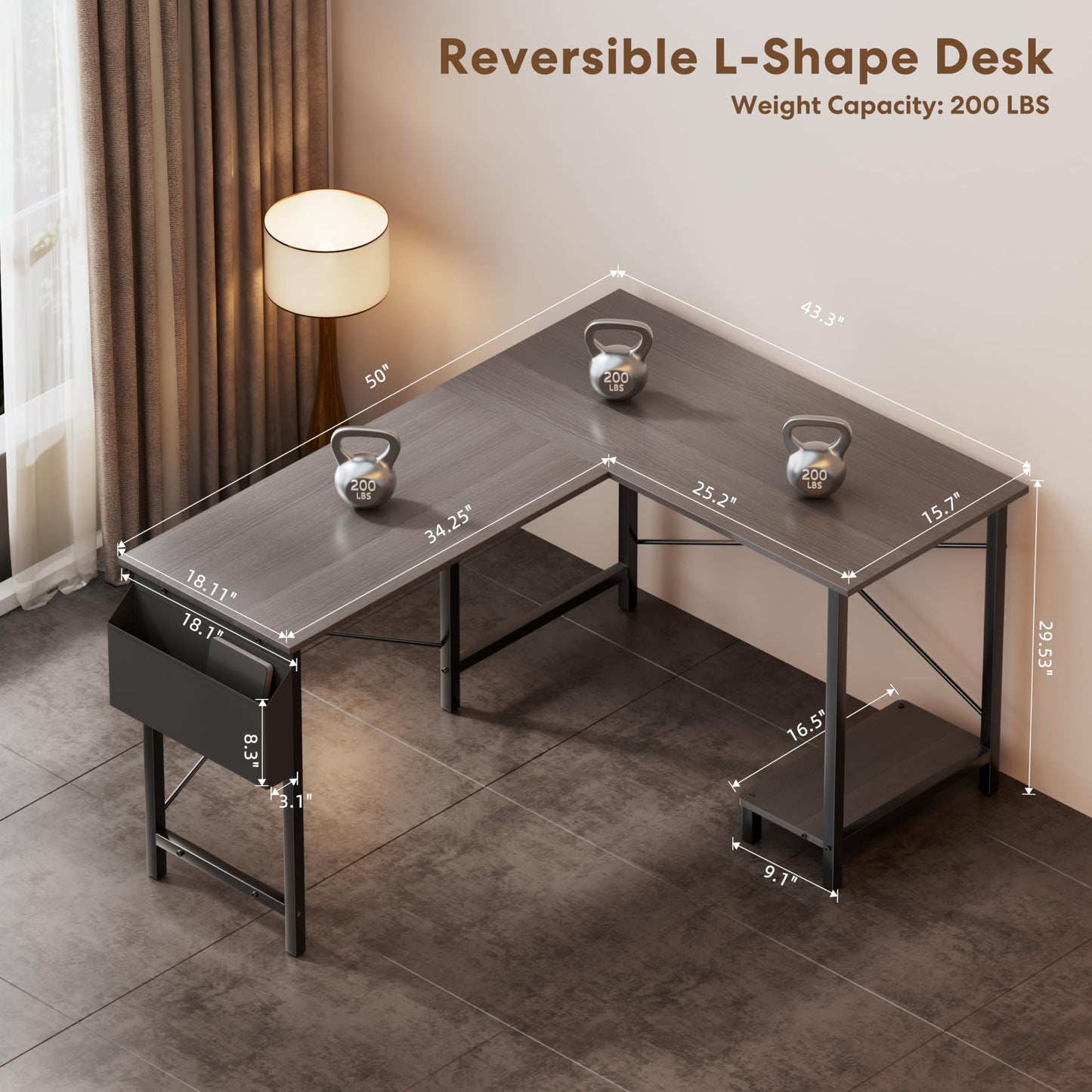 Miibox 50" L Shaped Gaming Desk with Reversible Corner - Home Office Computer Desk with Wood Top, Metal Frame, CPU Stand & Storage Bag for Small Space, Gaming Room