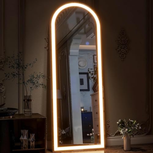 63"x20" Arched Full Length Mirror with LED Lights, Body Floor Mirror with Dimming & 3 Color Lighting, Mirror Full Lengthwith LED Lights for Home Wall Decor, Tall Arch Aluminum Frame for Bedroom