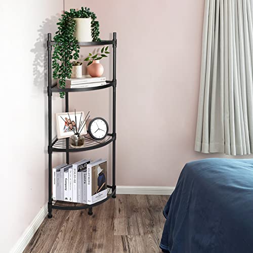 YSSOA 4 Tier Corner Display Rack Multipurpose Metal Shelving Unit, Bookcase Storage Rack Plant Stand for Living Room, Home Office, Kitchen, Small Space, 1-Pack, Bla