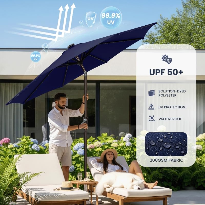 Simple Deluxe 9' Solar Patio Umbrella 32 LED Lighted Table Market Umbrellas with Push Button Tilt/Crank Outdoor Umbrella for Garden, Deck, Backyard and Pool