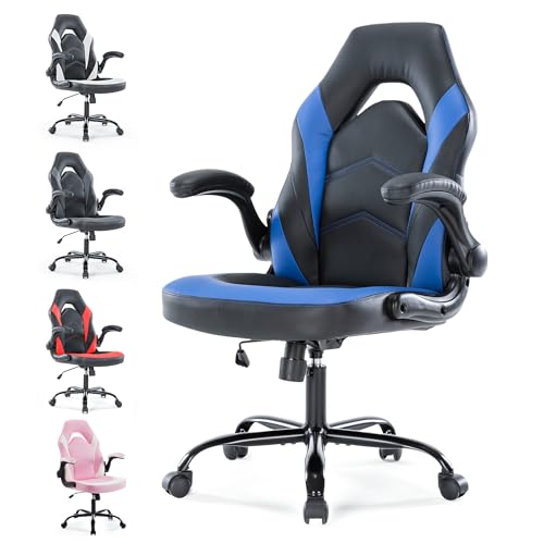 Simple Deluxe Gaming Chair - Ergonomic PU Leather with 90° Flip-Up Arms, 360° Swivel Computer Desk Chair for Compact Spaces, Esports, Home Office(Black Blue)