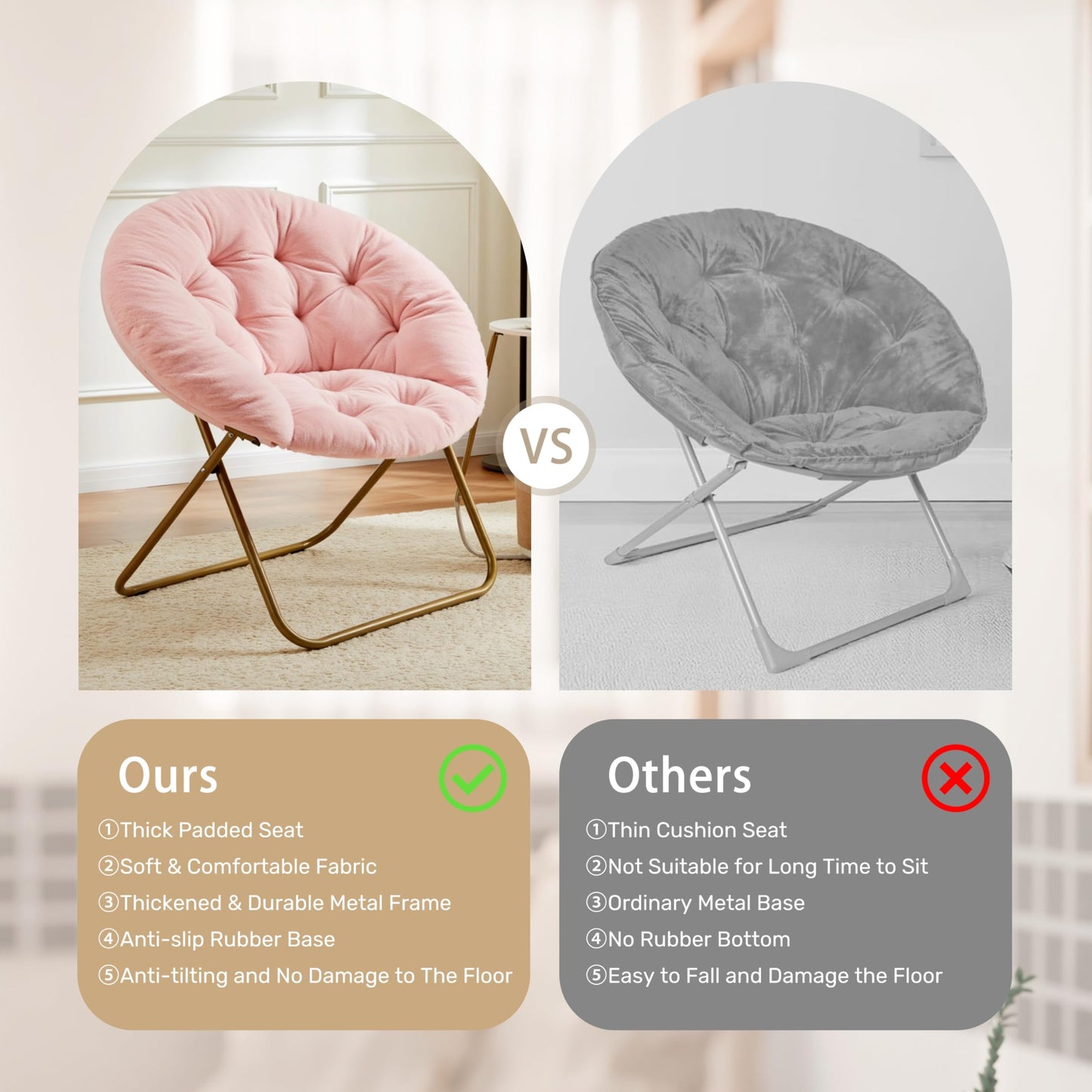 YSSOA Saucer Chair, Comfy Faux Fur Chair for Bedroom, Saucer Chairs for Adults, Teens, Round Shaped Moon Chair with Foldable Metal Frame