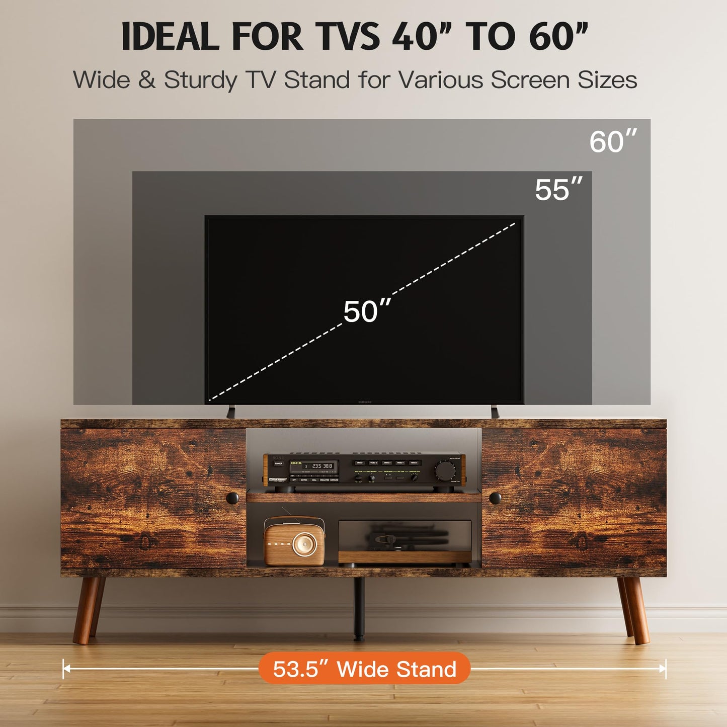 YSSOA TV Stand for 40 55 60 inch Living Room, 2 Cabinet Media Console Table, Entertainment Center with Storage, Soft Hinge Door with Handle, Wood Feet, Bedroom Furniture-Brown