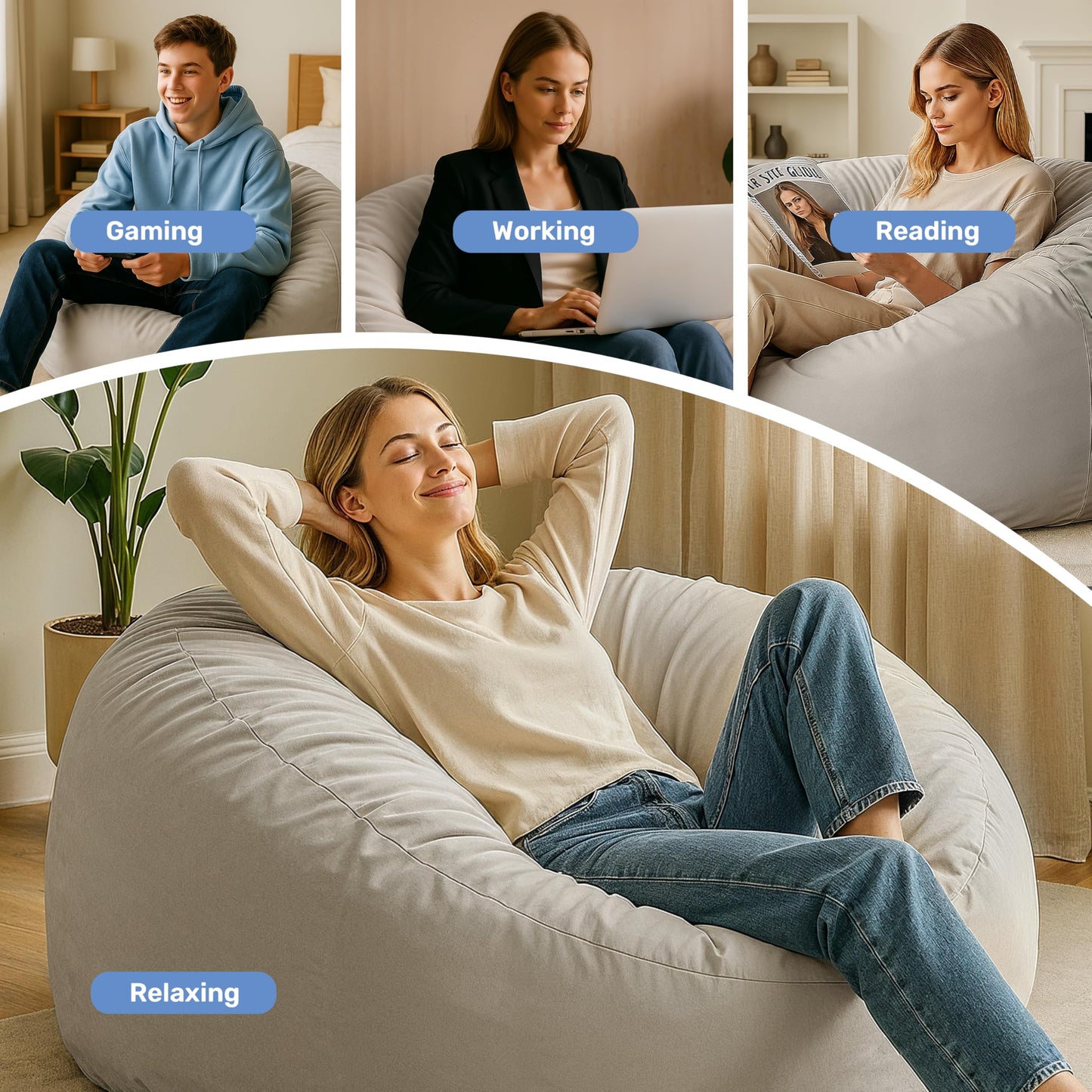 InfiniPower 3FT Bean Bag Chair, Comfy Beanbag Chairs for Adults with Memory Foam Filled, Lazy Sofa for Living Room Bedroom, Machine Washable Cover
