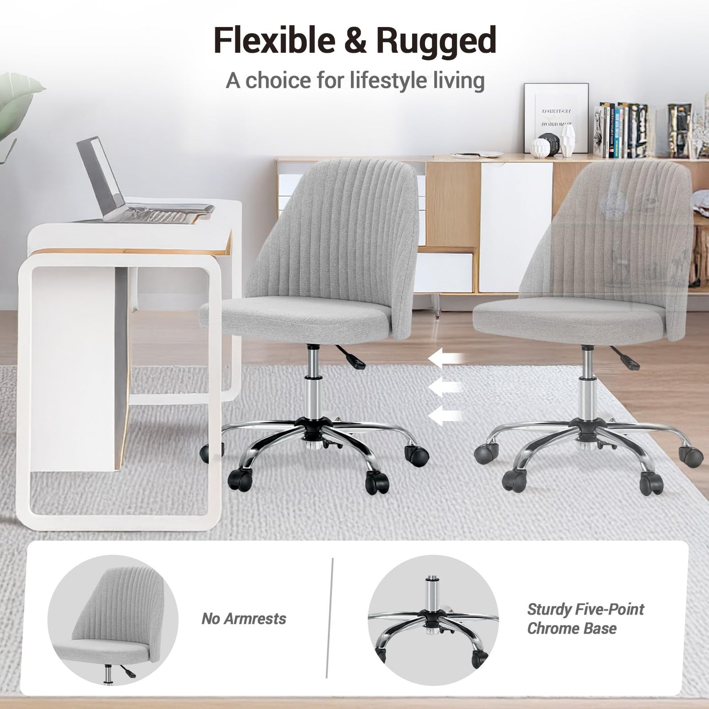 Simple Deluxe Office Desk Chair with Back and Wheels Computer Fabric Chair Armless Adjustable Height Comfy Vanity Chair with Swivel Rolling Home Chairs for Bedroom Adult