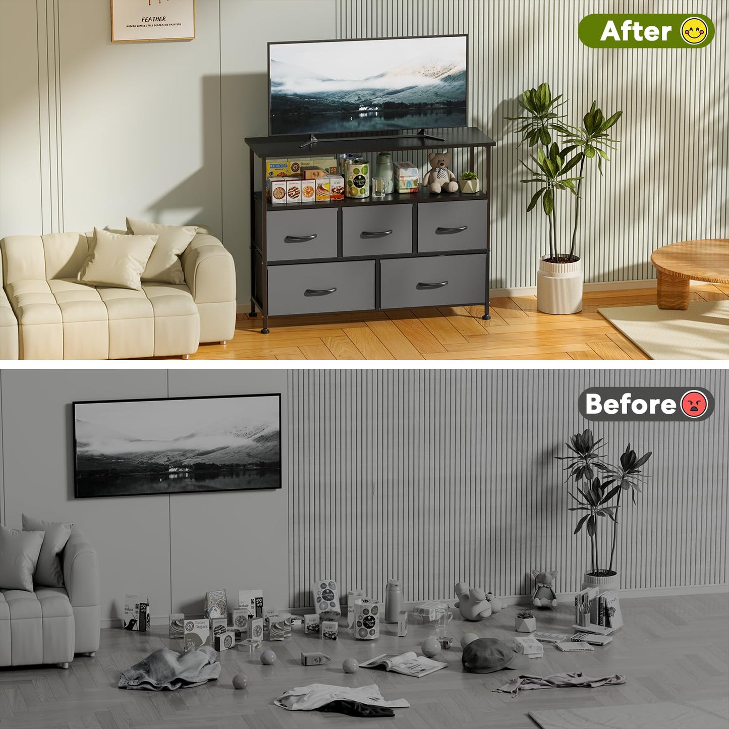 Simple Deluxe TV Stand Dresser for Bedroom Entertainment Center with 5 Fabric Drawers, Storage Organizers Units for Living Room, Media Console Table with Open Shelf up for 45" TV, Wood top