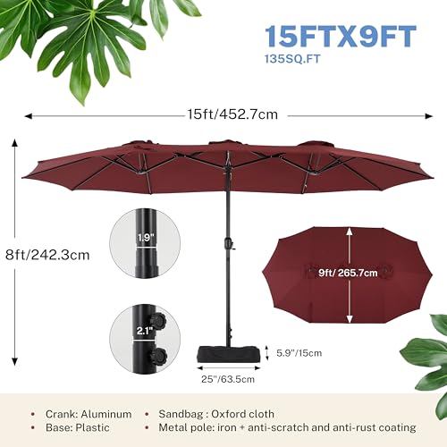 Simple Deluxe 15ft Outdoor Patio Umbrellas with Base Included, Double-Sided Rectangle Large Table Umbrella with Stand, Market Umbrellas for Poolside Backyard Lawn