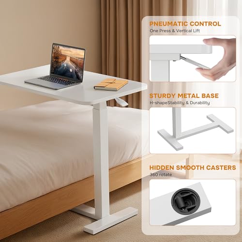 Simple Deluxe Adjustable Overbed Bedside Table with Wheels, Rolling Laptop Table, Pneumatic Adjustable Hospital & Home Use Bed Table, Mobile Standing Desk, Brown