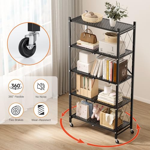 3-Tier Heavy Duty Foldable Metal Rack Storage Shelving Unit with Wheels Moving Easily Organizer Shelves Great for Garage Kitchen Holds up to 750 lbs Capacity, Black