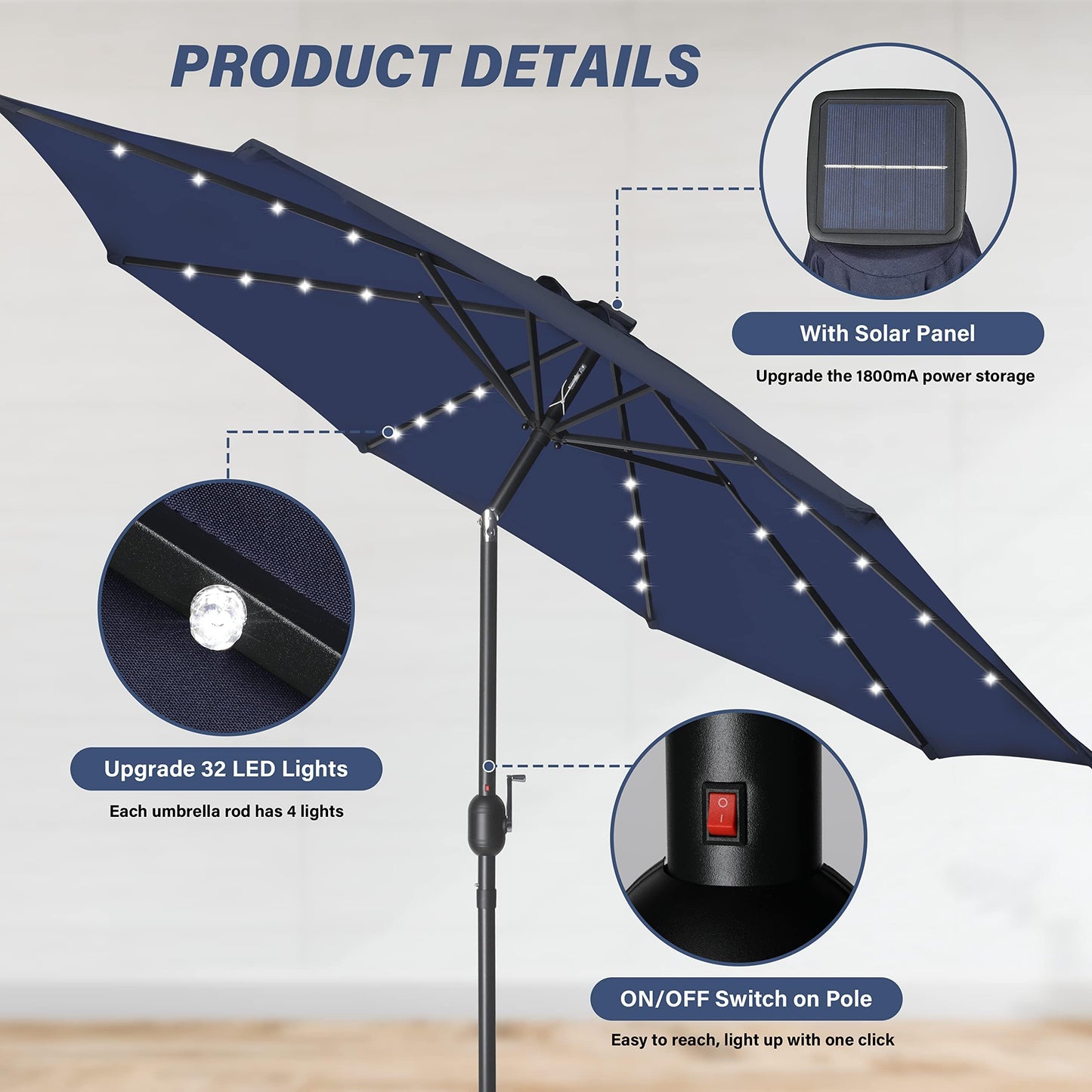 Simple Deluxe 9' Solar Umbrella 32 LED Lighted Patio Umbrella Table Market Umbrella with Push Button Tilt/Crank Outdoor Umbrella for Garden, Deck, Backyard and Pool