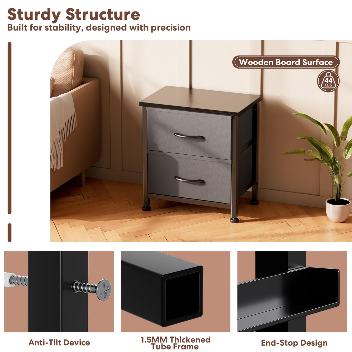 Simple Deluxe Nightstand 2 Drawers Dresser for Bedroom, Night Stand Set 2, 3-Tier Bedside Table with Fabric Bins, End Table for Living Room, Wood top Load-Bearing up to 44 lb