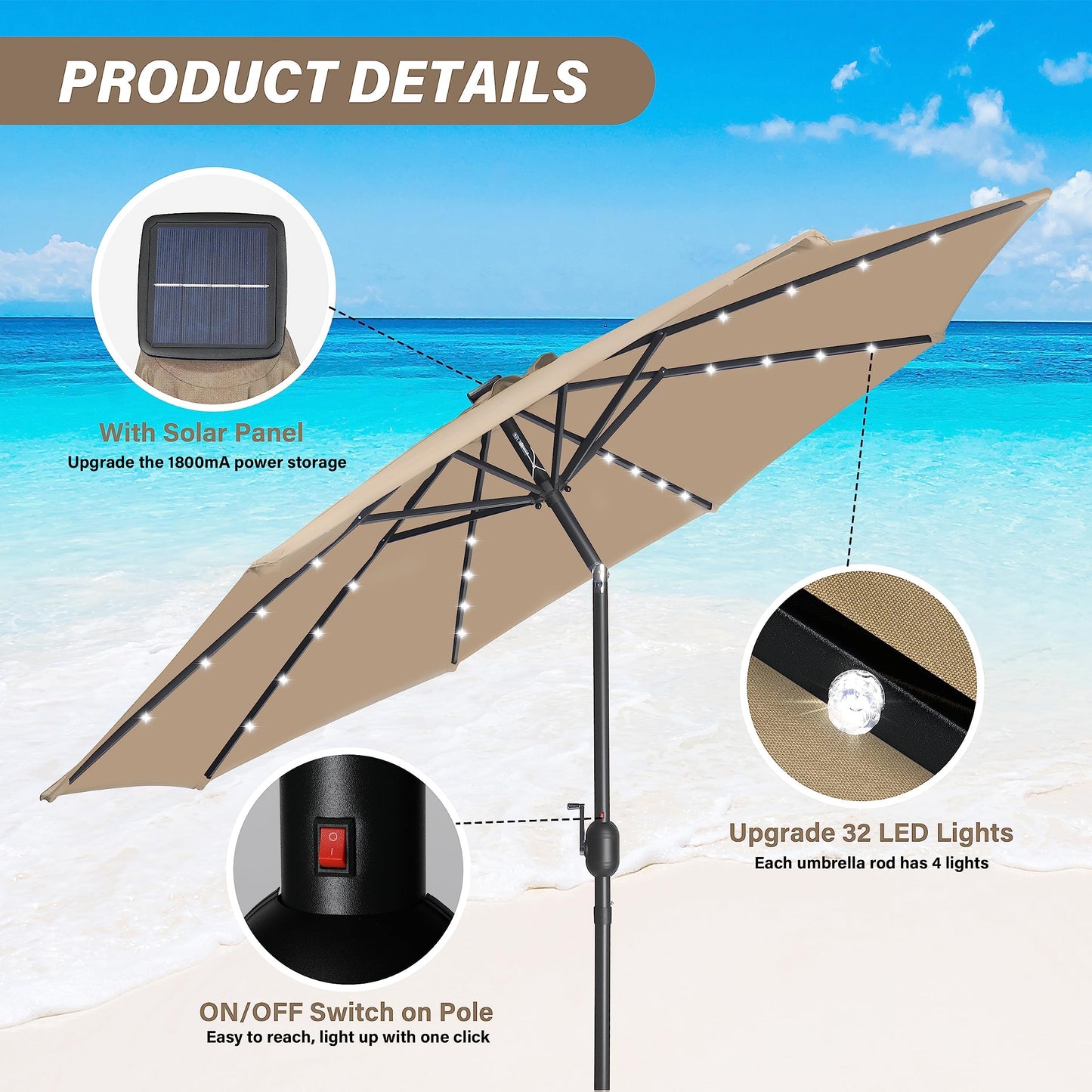 YSSOA 9ft/10ft Outdoor Market Patio Umbrella with 8 Sturdy Ribs, Tilt/Crank Push Button for Garden, Deck, Backyard and Pool