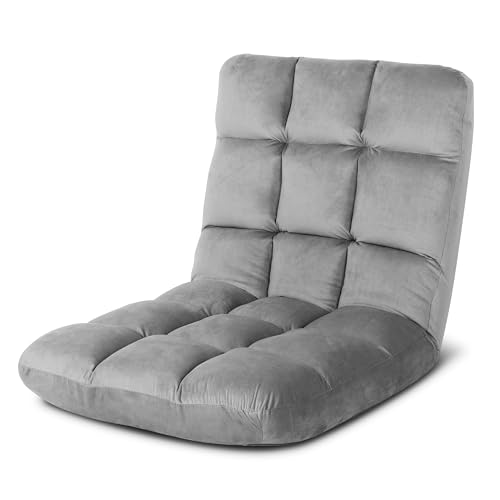 YSSOA Floor Chair with Back Support Meditation Chair 14 Adjustable Position Folding Sofa Seat, Flame Retardant Sponge Padded Sleeper Bed Suit for Gaming Working Yoga, Grey