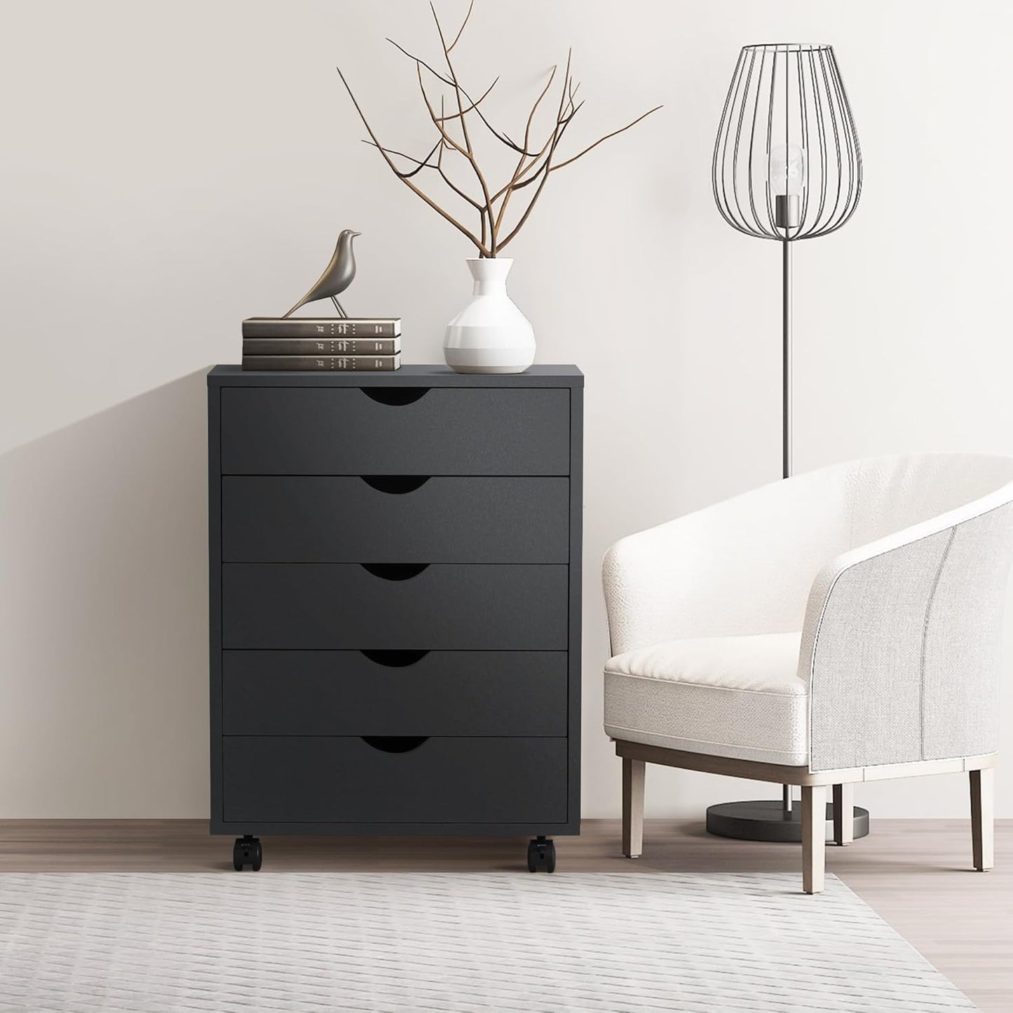 5 Drawer Chest, Storage Cabinet Dressers with Wheels, Dressers Storage Cabinets, Dresser Mobile Cabinet with Wheels, Room Organizer, Drawers Wood Organization Furniture for Office, Home, White