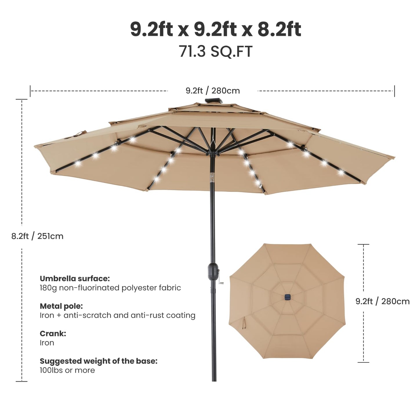 Simple Deluxe 10' 3-Tiers Solar Patio Umbrella 32 LED Lighted Table Market Umbrellas with Push Button Tilt/Crank Outdoor Umbrella for Garden, Deck, Backyard and Pool