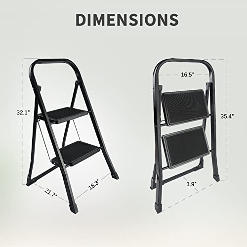 YSSOA 2 Step Ladder, Folding Step Stool with Wide Anti-Slip Pedal, 550 lbs Sturdy Steel Ladder, Convenient Handgrip, Lightweight, Portable Steel Step Stool, Black