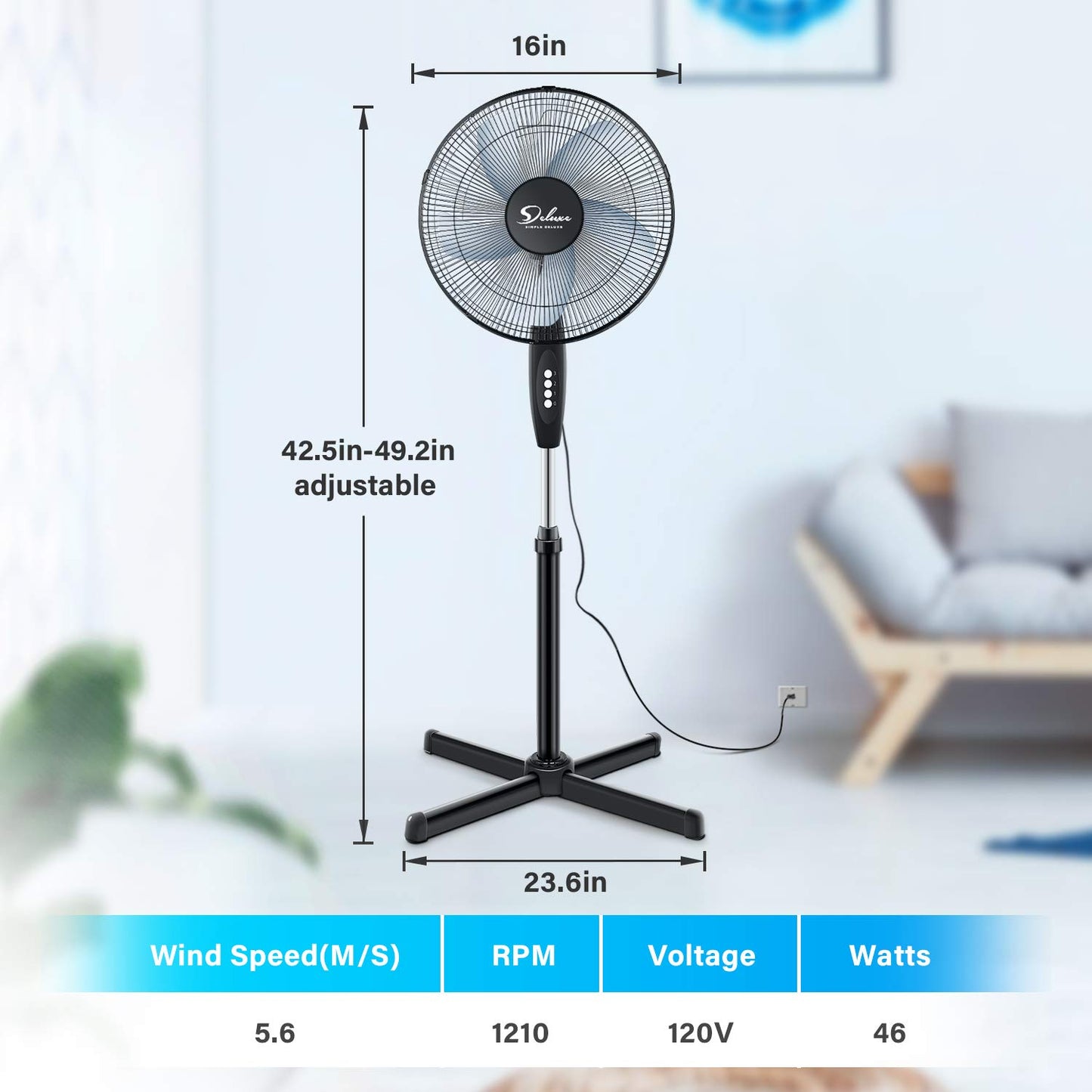 Simple Deluxe 16" Pedestal Fan for Bedroom, 75° Oscillating Standing Floor Fan with 3 Speeds, Powerful 20ft/s Airflow, Adjustable Height & Tilt, Remote Control, for Home & Office Group