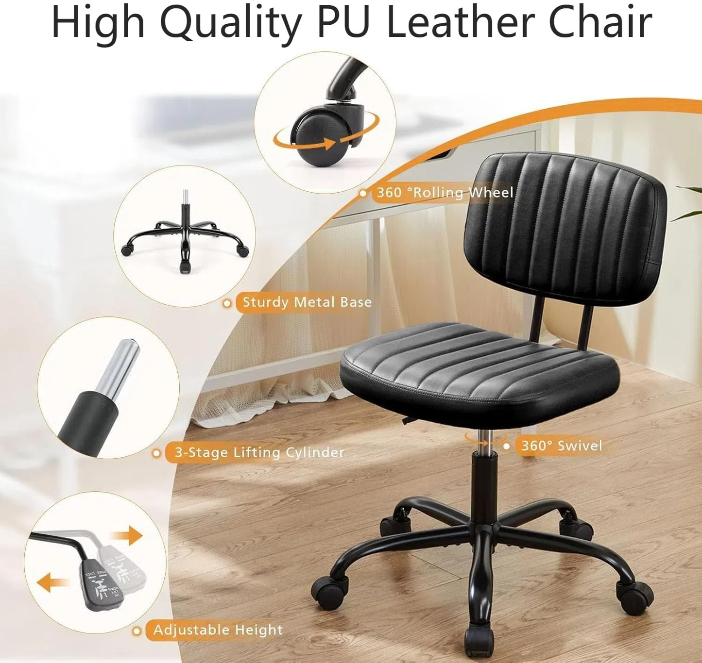 HealSmart Small Office Desk Chair with Wheels, Armless Desk Chair with Lumbar Support, PU Leather Low Back Adjustable Height 360° Rolling Swivel Task Chair Without Arm for Home, Bedroom,Office